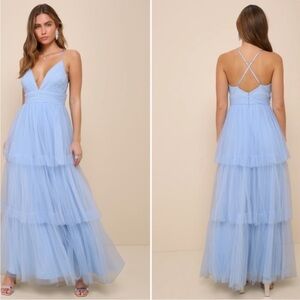 Lulu's Blue Plunge Neck Tulle A line Dress